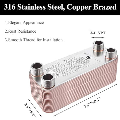 AB Plate Heat Exchanger, 3"x8" 30 Plates Water To Water Heat Exchanger, Copper/SS316L Stainless Steel Brazed Plate Heat Exchanger For Floor Heating, Water Heating, Snow Melting