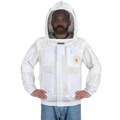 Beekeeping Jacket with Veil 3-Layer Ultra Ventilated 2 Veil Options (Fencing & Round) YKK Zippers Full Protection Suit Carrying Bag (BP-302-White)-L - color: White 2 Veils, size: L