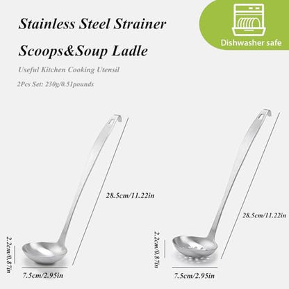 Stainless Steel Soup Ladle,Serving Ladle Scoop And Slotted Spoon Set Of 2 with Hook and Hole for Easy Hanging,Cooking Utensils Set for Kitchen - size: S With Hook