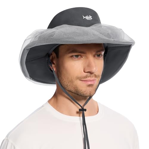 BASSDASH UPF 50+ Mosquito Net Hat with Stowable Neck Flap for Men Women Outdoor Fishing Hiking Camping Gardening FH17 - color: Dark Grey, size: Medium