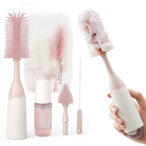Momcozy Bottle Brush Kit with Push-Press Foam Design - Newborn Essentials Gift, Portable Cleaning Tool for Home & Travel, Baby Bottle Cleaner Brush for Breast Pumps & Nipples, Pink - color: Pink, size: Press Bubble Style