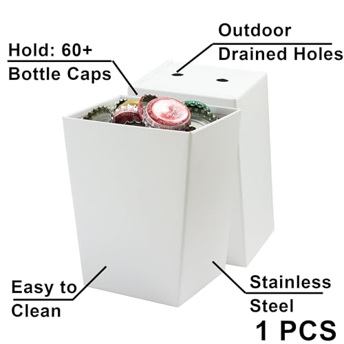 White Bottle Cap Catcher Wall-Mounted 3-1/2" Stainless Steel Cola Beer Top Bucket with Drain Opening Screw in Wood Post Fridge - color: White