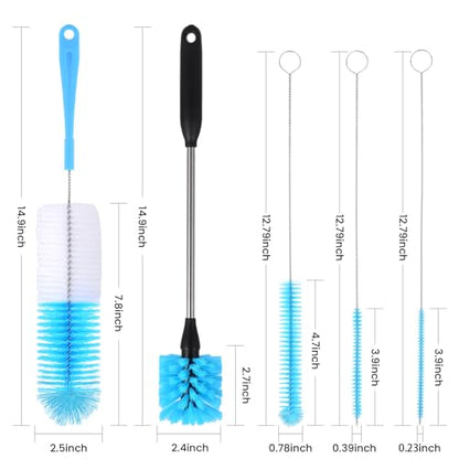 5 Pack Bottle Cleaner Brush, 15 Inches Stainless Steel Long Handle Baby Bottle Scrub Cleaning Brushes with Straw Cleaner Brush for Sports Water Bottle, Cups, Coffee Mugs, Glasswares - color: 5pcs/Blue