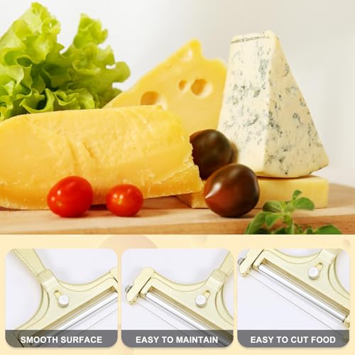 Gosknor 6pcs Cheese Slicer Kit, Stainless Steel Wire Cheese Cutter with 4 Extra Wires & Wrench Slicer Handheld Butter Cutter Food for Block Butter (Frosted Gold) - color: Frosted Gold