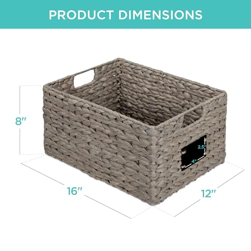 Best Choice Products 식료품 저장실 바구니 40.6 x 30.5cm(16 x 12인치) 워터 히아신스 보관 바구니 2개 세트, 손잡이가 달린 우븐 고리버들 주방 정리함, 칠판 라벨 분필 마커 포함 - 그레이 - color: 회색., size: 12x16x8in