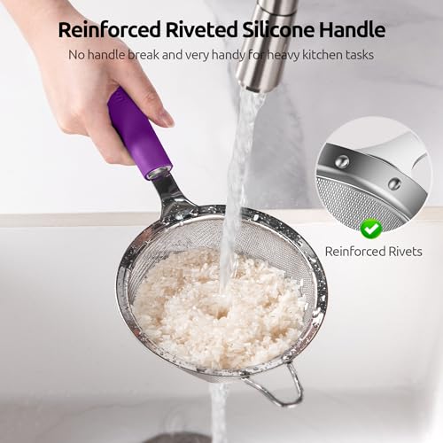 U-Taste Medium Fine Mesh Strainer: 18/8 Stainless Steel 4.73in 30 Mesh Kitchen Food Sieve with Sturdy Riveted Silicone Handle, Heavy Duty Deep Handheld Metal Colander for Rice, Quinoa, Flour (Purple) - color: (5) Purple, size: M-4.73in