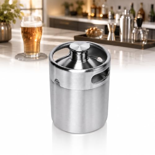 Mini Keg Growler, Pressurized Growler 64 OZ 304 Stainless Steel Mini Keg with Seal knob Cover for Home kitchen Brewing Beer(2L) | Airtight seal for freshness Compact & portable design Pressure relief valve cap