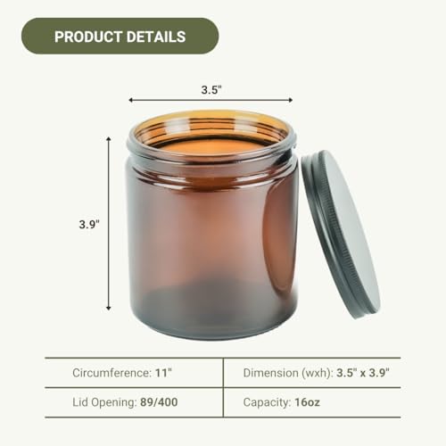 Glass Amber 16oz Jar - 12 Packs, Lead-Free Empty Round Jars For Beauty Products, Lotion, and Powders - Black Lid - Small Candle Jars - size: 16oz