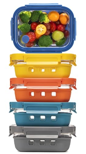 GENICOOK Glass Meal Prep Containers with Glass Lids, 5 Pack 22 oz Airtight Food Storage Containers with Silicone Sleeves, BPA-Free Borosilicate Glass, Microwave Freezer Safe - color: Five Colors
