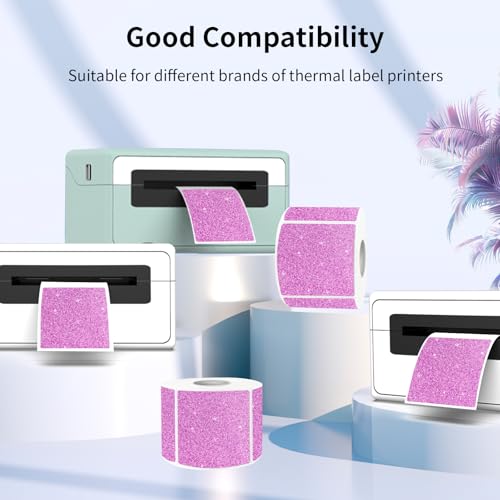 Square Thermal Labels Stickers 2" x 2", Holographic Thermal Stickers Labels, Waterproof Glitter Direct Thermal Printer Label for Small Business- Holographic Pink - color: Glitter Pink, size: 2 X 2