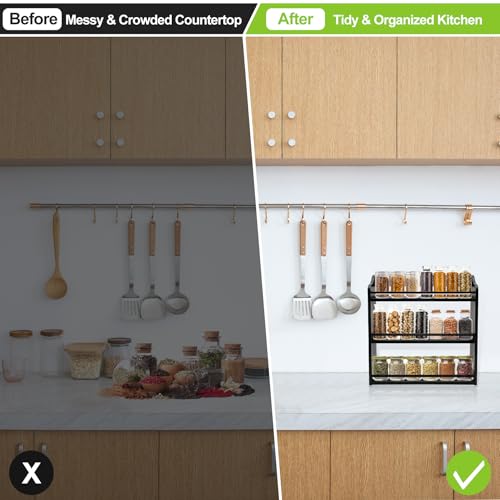 3 Tier Bamboo Spice Rack,Seasoning Jars Rack Shelf Spice Organizer for Kitchen Counter or Wall Mounting (Black) - style: Tiered Shelf Black
