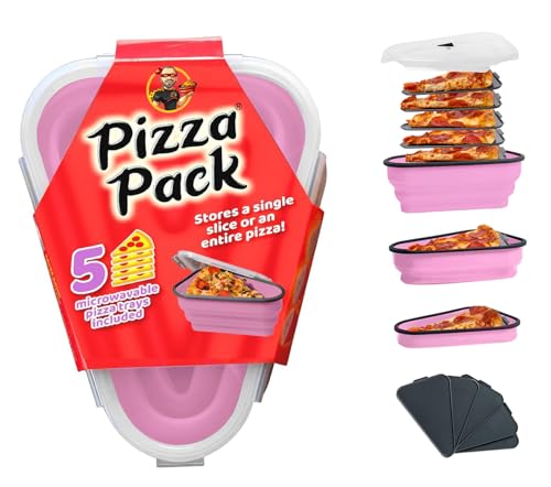 PIZZA PACK The Perfect Reusable Pizza Storage Container with 5 Microwavable Serving Trays - BPA-Free Adjustable Pizza Slice Container to Organize & Save Space, Pink - color: Pink, size: 1 Pack