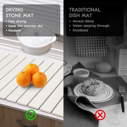 Large Stone Dish Drying Mat for Kitchen Counter, 24"(L)×16"(W), Collapsible Quick Drying Dish Mats, Ultra Absorbent Diatomaceous Earth Mats for Dishes Bottles Cups, Match Any Countertop - size: 24" x 16"