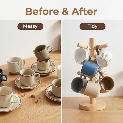 Happyupcity Wooden Mug Holder Tree Mug Rack with 6 Hooks Coffee Cup Holder Stand for Counter(Natural)