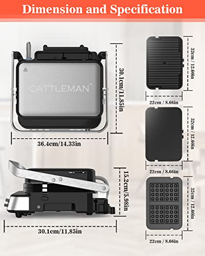 CATTLEMAN Panini Press Grill Sandwich Maker with Removable Plates, 1600W, 6 in 1 Indoor Grill with Meat Thermometer, Electric Contact Grills for Kitchen, Stainless Steel - color: Silver with Waffle Plates