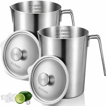 2 Pcs 2 L/70 oz Large Stainless Steel Pitcher with Lid, Metal Measuring Cup, Large Mouth Graduated Beakers with Handle, Milk Frothing Jug for Espresso Machine, Latte Art, Hot/cold Water - size: 2 L/70 oz