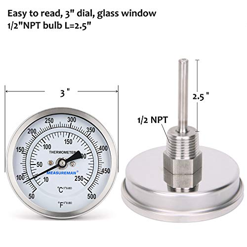 Measureman Fully Stainless Steel Bimetal Dial Thermometer, 3" Dial, 2-1/2" Stem, 50-500 deg F/10-260 deg C, -1% Accuracy, Adjustable, 1/2" NPT Back Mount - size: 50-500 deg F/10-260 deg C, style: 2-1/2" Stem