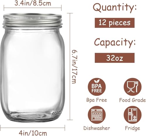 Glyntrof 32 oz Mason Jars Wide Mouth with Airtight Lids, 1 Quart Glass Canning Jar for Fermenting, Pickling and Food Storage, Pack of 12 - color: 32oz-12 pcs