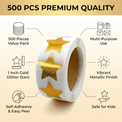 500Pcs Gold Glitter Star Reward Stickers, School Classroom Potty Training Envelope Seals, Wedding Birthday Party Favors - color: 500pcs- Gold Glitter Star