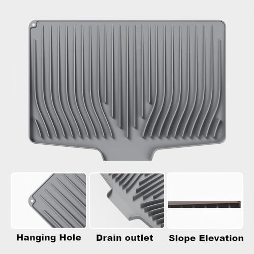 Silicone Dish Drying Mat with Raised Drainage Edges,Non-Slip and Heat-Resistant,Includes Hanging Hole,Kitchen Countertop Drying Mat,Easy to Clean(18.9" x 13.58", Grey)