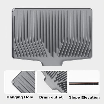 Silicone Dish Drying Mat with Raised Drainage Edges,Non-Slip and Heat-Resistant,Includes Hanging Hole,Kitchen Countertop Drying Mat,Easy to Clean(18.9" x 13.58", Grey)