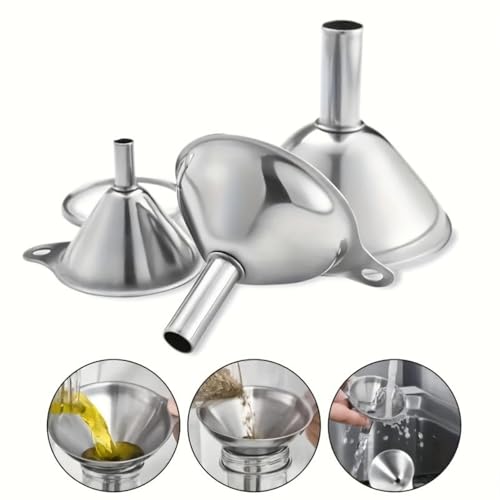Metal Stainless Steel Funnel, Large Medium Small Funnel Set of 3, Food Grade Mini Funnels for Kitchen Use Filling Bottles Flask Cooking, 1 Brushes