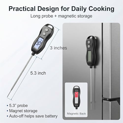 Meat Thermometer Digital Instant Read, Waterproof for Cooking & BBQ (Black) | Backlit food thermometer with 5.3” probe for steak, turkey, oil, candy, liquids, sourdough & baking