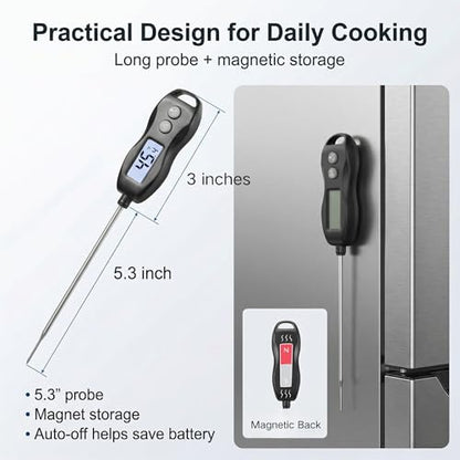 Meat Thermometer Digital Instant Read, Waterproof for Cooking & BBQ (Black) | Backlit food thermometer with 5.3” probe for steak, turkey, oil, candy, liquids, sourdough & baking