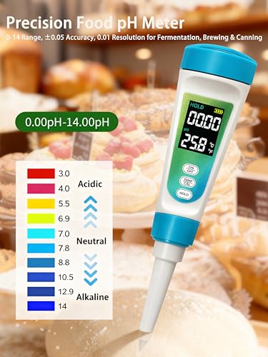 Food pH Tester for Fermenting – Digital pH Meter for Food pH 0-14(±0.05), Dual-Sensor ATC 32-140 ℉, Back-Lit LCD, pH Meter for Brewing, Sourdough, Meat, Semi-Solid/Liquid, Battery Pre-Installed