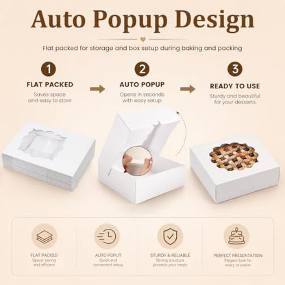 NPLUX 20 Pack Pie Boxes 10x10x3inch Bakery Boxes with Window Dessert Pastry Box for Pies,Cheesecakes and Chocolate Covered Strawberries, Graduation Gifts Party Favors(White) - color: White
