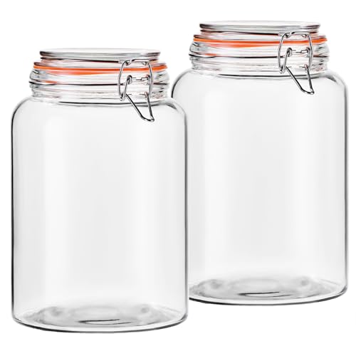1 Gallon Wide Mouth Glass Jars, Airtight Leakproof Canisters with Lids, Clear Food Storage Containers for Pantry Kitchen, Great for Flour Sugar Rice Dry Goods, Pickling Fermenting, 2 Pack