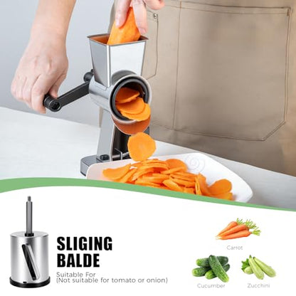 LHS Rotary Cheese Grater Stainless Steel Manual Cheese Shredder Grater Walnuts Grinder with 3 Interchangeable Drum Blades for Chocolate, Cheese and Nuts