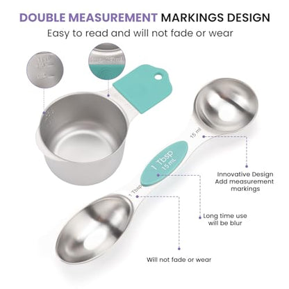Magnetic Measuring Cups and Spoons Set-Heavy Duty 304 Stainless Steel，Double Measurement Markings，Set of 16 with Leveler for Measure Dry and Liquid Ingredients - color: Color