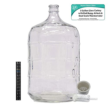 Home Brew Ohio 5 Gallon Glass Carboy with Drilled Bung, Three-Piece Airlock and Dual Scale Thermometer