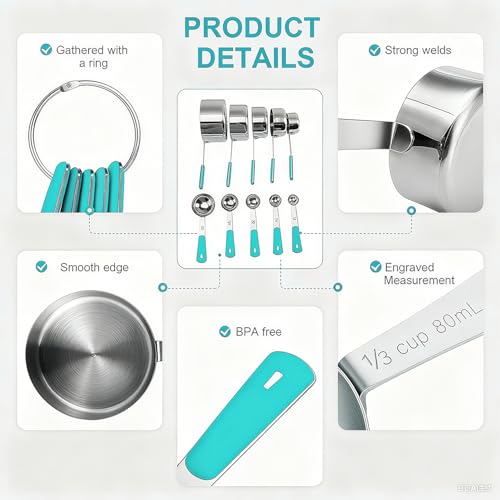 Bopei Measuring Cups and Spoons Set Stainless Steel 10 Piece for Cooking and Baking (5 Cups + 5 Spoons, Aqua Sky Handle) - color: Aqua Sky