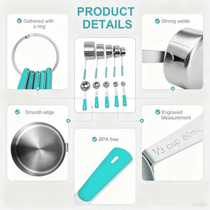 Bopei Measuring Cups and Spoons Set Stainless Steel 10 Piece for Cooking and Baking (5 Cups + 5 Spoons, Aqua Sky Handle) - color: Aqua Sky