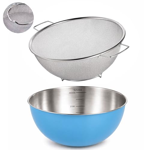 304 Stainless Steel Rice Washing Bowl and 40 Mesh Strainer Set, 3.5QT | 40-mesh strainer helps prevent grain loss while measurement marks and sturdy handles make rinsing and draining easier. - color: Blue