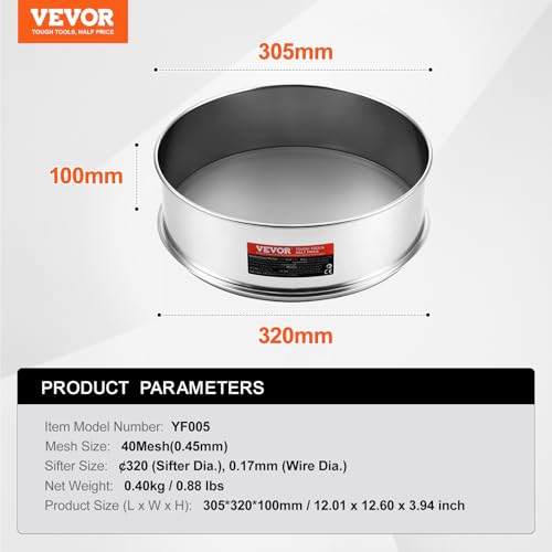 VEVOR Flour Sieve Fine Mesh, 40 Mesh Sifter, 304 Stainless Steel Sifter Food-grade, Dia. 12.6" Fine Mesh Strainers for Baking, 5 Sizes Mesh hole for Mungbean, Rice, Flour, Pearl Powder - style: 40 Mesh