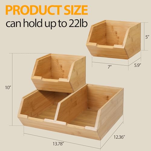 3 Pack Stackable Bamboo Pantry Storage Bins Fruit Food Storage Organizer | Bamboo Potato Onion Storage Bins - Pantry Organizers for Kitchen Countertop, Food Storage Containers for Fruits Vegetables