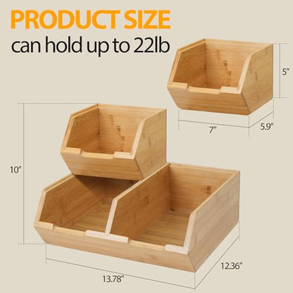 3 Pack Stackable Bamboo Pantry Storage Bins Fruit Food Storage Organizer | Bamboo Potato Onion Storage Bins - Pantry Organizers for Kitchen Countertop, Food Storage Containers for Fruits Vegetables