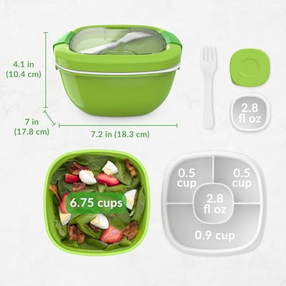 Bentgo Salad Container - 54 oz Bowl with 4-Compartment Toppings Tray, Leak-Proof Dressing Container, Reusable Fork, BPA-Free Lunch Box for Meal Prep & Food Storage; Removable Bento Tray (Green) - color: Green