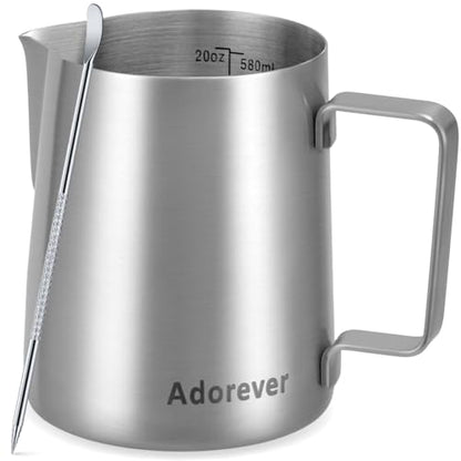 Milk Frothing Pitcher, 20oz Stainless Steel Milk Frother Cup Steaming Pitcher, Cappuccino Espresso Accessories Coffee Bar Barista Tools, Metal Steamer Cup Milk Jug with Latte Art Pen, Matte Steel - color: A Silver Matte, size: 20 Ounces