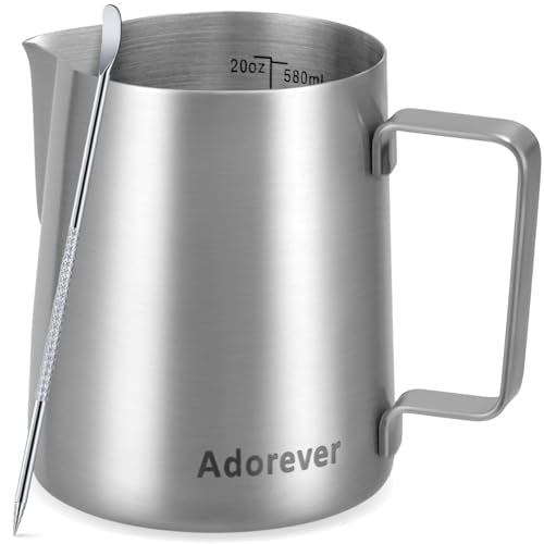 Milk Frothing Pitcher, 20oz Stainless Steel Milk Frother Cup Steaming Pitcher, Cappuccino Espresso Accessories Coffee Bar Barista Tools, Metal Steamer Cup Milk Jug with Latte Art Pen, Matte Steel - color: A Silver Matte, size: 20 Ounces