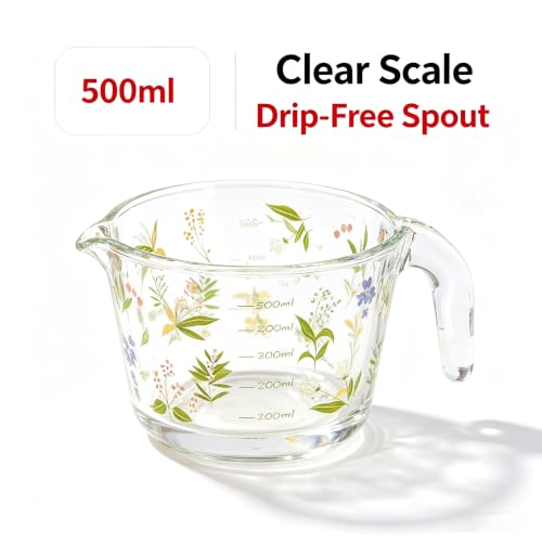 Glass Measuring Cup with Handle & Pour Spout, 500ml Glass Decorative Measuring Beaker Cup with Precise Markings, Floral Print Measuring Cup for Baking, Cooking, Mixing (Microwave & Dishwasher Safe)