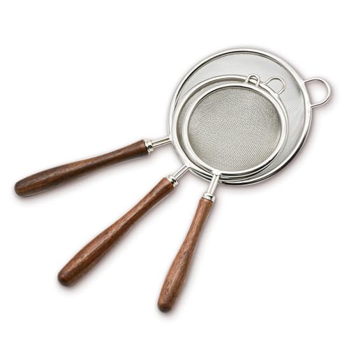 3 Set Mesh Strainer for Kitchen, Colander Skimmer 304 Stainless Steel with Wooden Handle, Sieve Sifters for Food, Tea, Rice, Oil, Noodles, Fruits, Vegetable