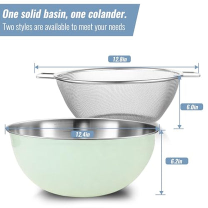 304 Stainless Steel Rice Washing Bowl and 40 Mesh Strainer Set, 3.5QT | 40-mesh strainer helps prevent grain loss while measurement marks and sturdy handles make rinsing and draining easier. - color: Green