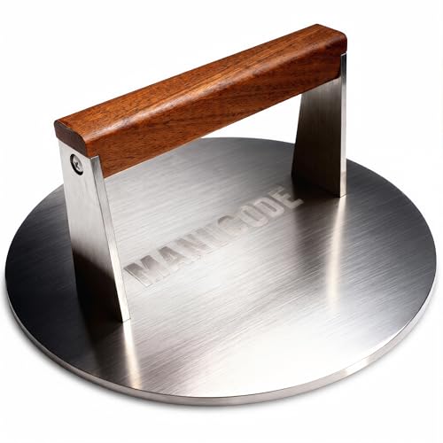 Smash Burger Press, 3.8-Lb Burger Smasher, 9-Inch Bacon Press for Batch Cooking, Stainless Steel, Easy to Clean and Seasoning Free, Heatable for Searing Panini, Steak, Chicken, Fish, Round - size: 9"