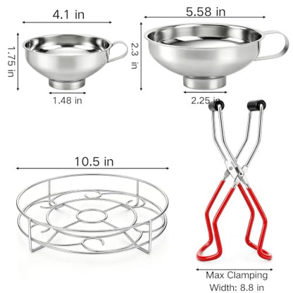 Okllen Set of 4 Canning Supplies Starter Kit, Jar Lifter Tongs, Wide Mouth Funnel, 10.5" Canning Rack, Heavy Duty for Water Bath & Pressure Cannner, Fits Mason Jars, Stock Pots