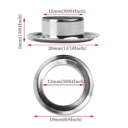 60 Sets 15/32 Inch Sewing Grommets Eyelets Stainless Steel with Washers for Shoes, Bead Cores, Clothes, Leather, Canvas, Banner (12x20mm Silver) - size: 12mm