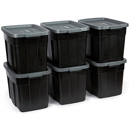 Rubbermaid 18 GAL 6 Pack Garage Storage Bins with Stackable Lid, Heavy Duty - Made in USA - Extreme Temperature Resistant, Durable Plastic Containers with Handles - Solid Black and Grey - size: 18 Gal - 6 Pack
